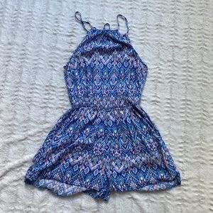 Blue and pink patterned halter neck romper size 2